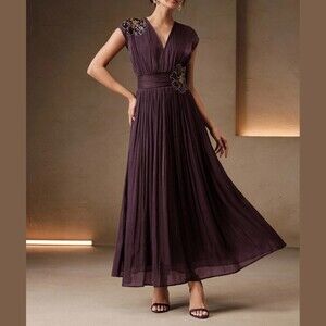 Plum Sequin Floral Applique Pleated V-Neck Maxi Dress